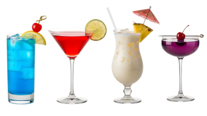 a set of cocktails: gin tonic, blue lagoon, tequila sunrise, iced irish coffee, pina colada, mai tai, cocktail with rum, whiskey, mojito, bar menu drinks, cocktails isolated PNG