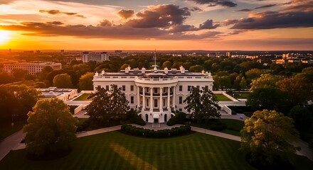 Fototapeta premium The White House at Sunset with Dramatic Clouds and Golden Light Washington DC twilight