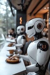 Futuristic AI robots serving customers in a modern cafe
