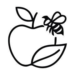 Simple Line Art Illustration of a Bee on an Apple with Leaves on a White insect fruit shape. 