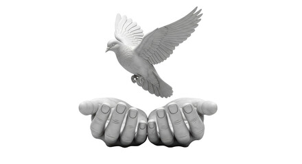 Isolated dove in flight above pair of hands symbolizing peace, love, hope, harmony