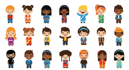 A diverse group of children in traditional clothing from around the world.