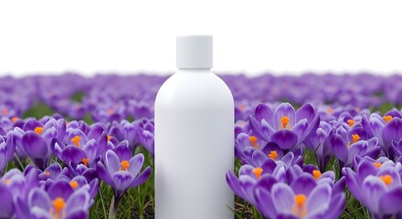 White cosmetic bottle standing in a field of purple crocuses isolated on white background
