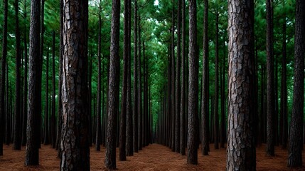 A tranquil, dense pine forest with towering trees and a natural pathway winding through the lush, verdant environment, creating a peaceful and scenic landscape.