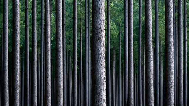 A serene, peaceful forest landscape featuring a dense array of tall, symmetrical trees stretching into the distance