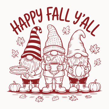 happy fall yall gnome t shirt design cute autumn thanksgiving pumpkin pie coffee drink cozy seasonal humor art