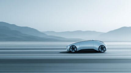 Obraz premium Futuristic autonomous vehicle travels along a highway in a cool, muted color palette with blurred motion lines, suggesting speed and movement, set against a hazy mountainous backdrop, implying...