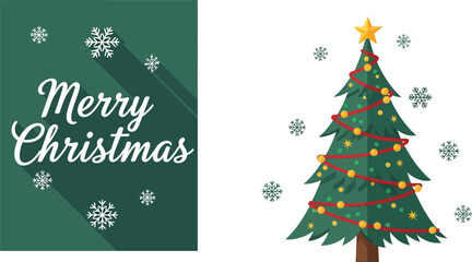 Merry christmas card with decorated tree and green background