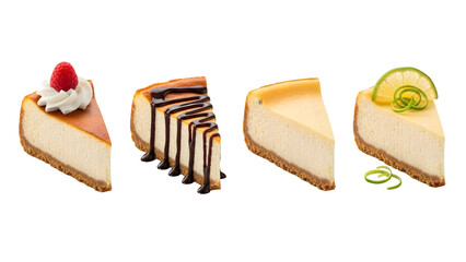 Slice of Cheese Cake on plate top view with transparent background, Delicious cheesecake cut out. Based on Generative AI, different cheesecakes slice collection