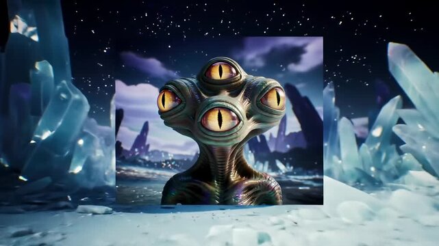 Alien Encounter Three-Eyed Being on a Crystal Planet