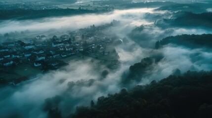 Obraz premium Idyllic village shrouded in morning fog and clouds
