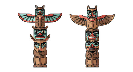 Two colorful totem poles with carved animal faces and symbols on a white background.