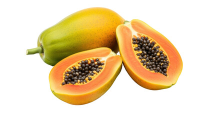 Isolated raw papaya with seeds, cut in half, tropical fruit used in salads or desserts