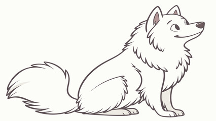 A cartoon illustration of a white dog sitting and looking to the right the dog has a fluffy tail and a friendly expression