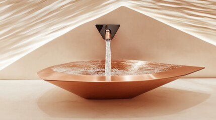 Modern Copper Basin with Flowing Water and Unique Faucet Design