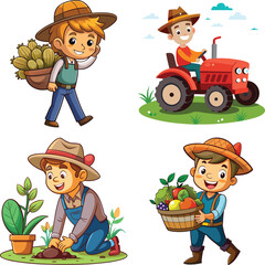 Obraz premium Cartoon Farming Characters in Agricultural Activities 