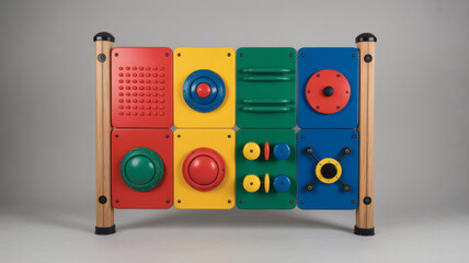 tactile sensory wall panel with textured elements, spinner wheels, and musical components