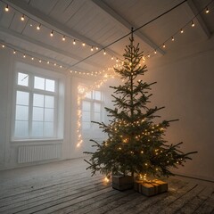 Fototapeta premium Christmas tree with garland in an empty atmospheric room