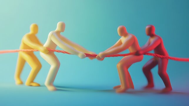 Figurines pulling rope in competitive tug of war