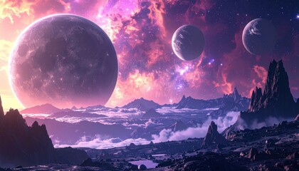 Pixelated Cosmic Landscape With Planets And Nebulae Across Starry Sky Under Purple Hues