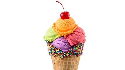 Ice cream cones on isolated background. Generative AI, collection of delicious ice cream in waffle cone, isolated on transparent background cutout, png different flavors mockup for design