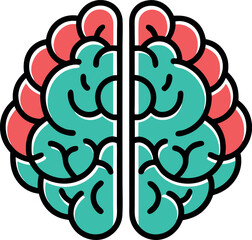 Vector art of stylized brain illustration with teal and coral lobes, showcasing cognitive function and mental health