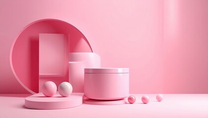 Pink Product Display with Circular Archway and Decorative Eggs against a Pink Background