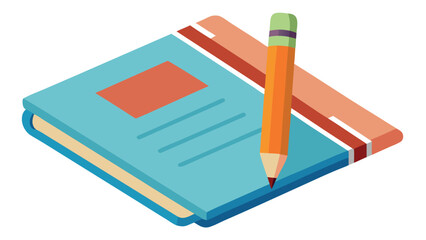 Vector art of an isometric view of a blue book with a red label, accompanied by an orange ruler and a pencil, creating a schoolthemed composition