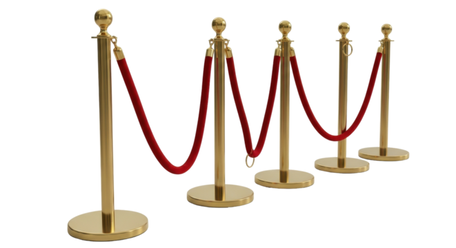 Isolated row of golden stanchions connected by red velvet ropes for event access control