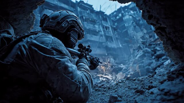 Armed soldier aiming through ruins of destroyed city. Cold tones, tactical scene and intense war atmosphere.
