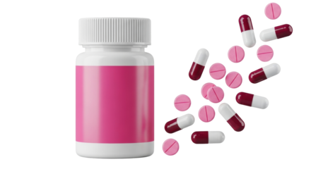 Isolated container bottle with blank label and various pink pills and burgundy capsules