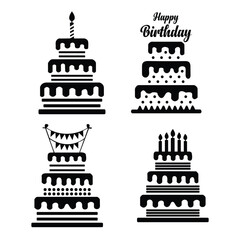 A delightful collection of tiered birthday cake silhouettes, each adorned with candles, bunting, or a "Happy Birthday" topper.