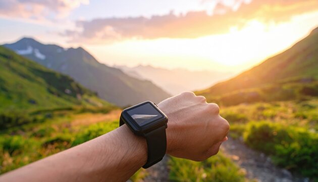 Person's Hand Wearing Smartwatch Outdoors during Golden Hour with Mountain View