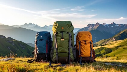 Three Hiking Backpacks On Grassy Hillside With Mountainous Backdrop During Daytime