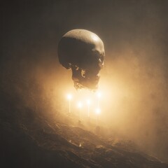 Ethereal Skull Illuminated by Intense Golden Light Amidst Smoky Atmosphere.