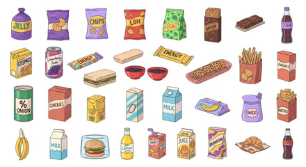Isolated groceries and junk food illustration, various products from grocery store snack items