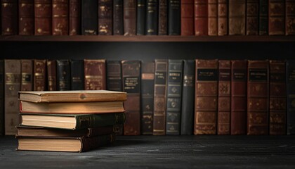 Stack of Vintage Books in Dark Room with Bookshelf Background