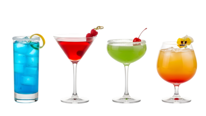 a set of cocktails: gin tonic, blue lagoon, tequila sunrise, iced irish coffee, pina colada, mai tai, cocktail with rum, whiskey, mojito, bar menu drinks, cocktails isolated PNG