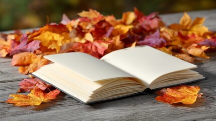 Open notebook resting on a wooden desk surrounded by colorful fall leaves at midday