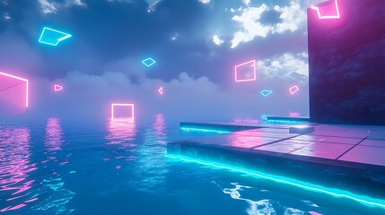 Cyberpunk Neon Dreamscape Floating Platforms Over Water