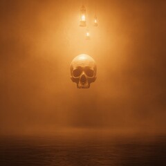 Ethereal Skull Floating in Amber Light, Mystical Atmosphere, Dramatic Composition.