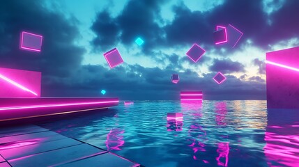 Futuristic Neon Cubes Floating Above Reflective Water Under Moody Skies