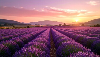 Fototapeta premium Vibrant purple lavender field with rolling rows under a beautiful pink and orange sunset sky.
