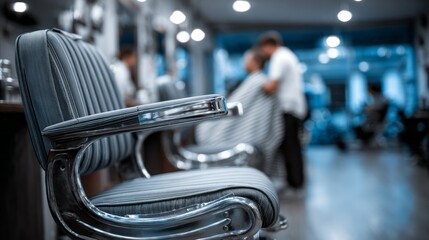 Barber chair showcased in a modern barber shop during a busy grooming session