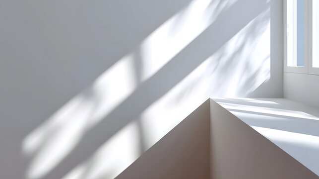 Soft, natural light streams through a geometric window, casting angular shadows on the clean, minimalist interior walls.