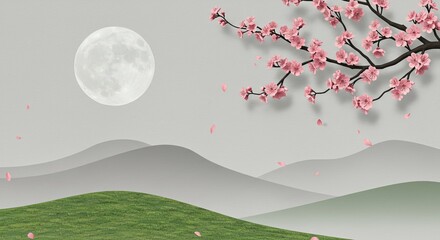 cherry blossom branches with moon — minimalist zen floral wall art on gray background