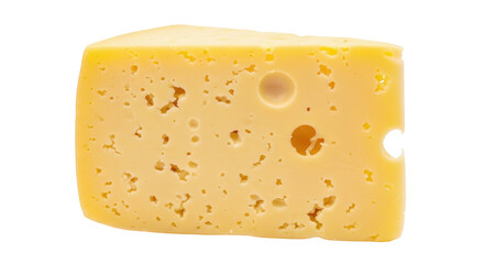 Isolated Emmental cheese block, yellow, with large holes and a waxy surface, close-up