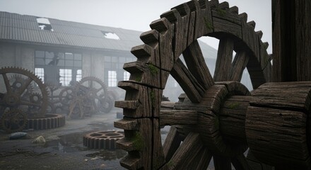Naklejka premium Old weathered wooden gears in abandoned industrial factory setting