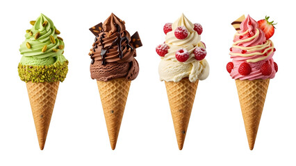 Ice cream cones on isolated background. Generative AI, collection of delicious ice cream in waffle cone, isolated on transparent background cutout, png different flavors mockup for design