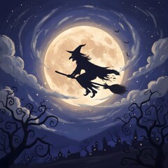 Halloween witch flying on broomstick silhouette against full moon night sky illustration